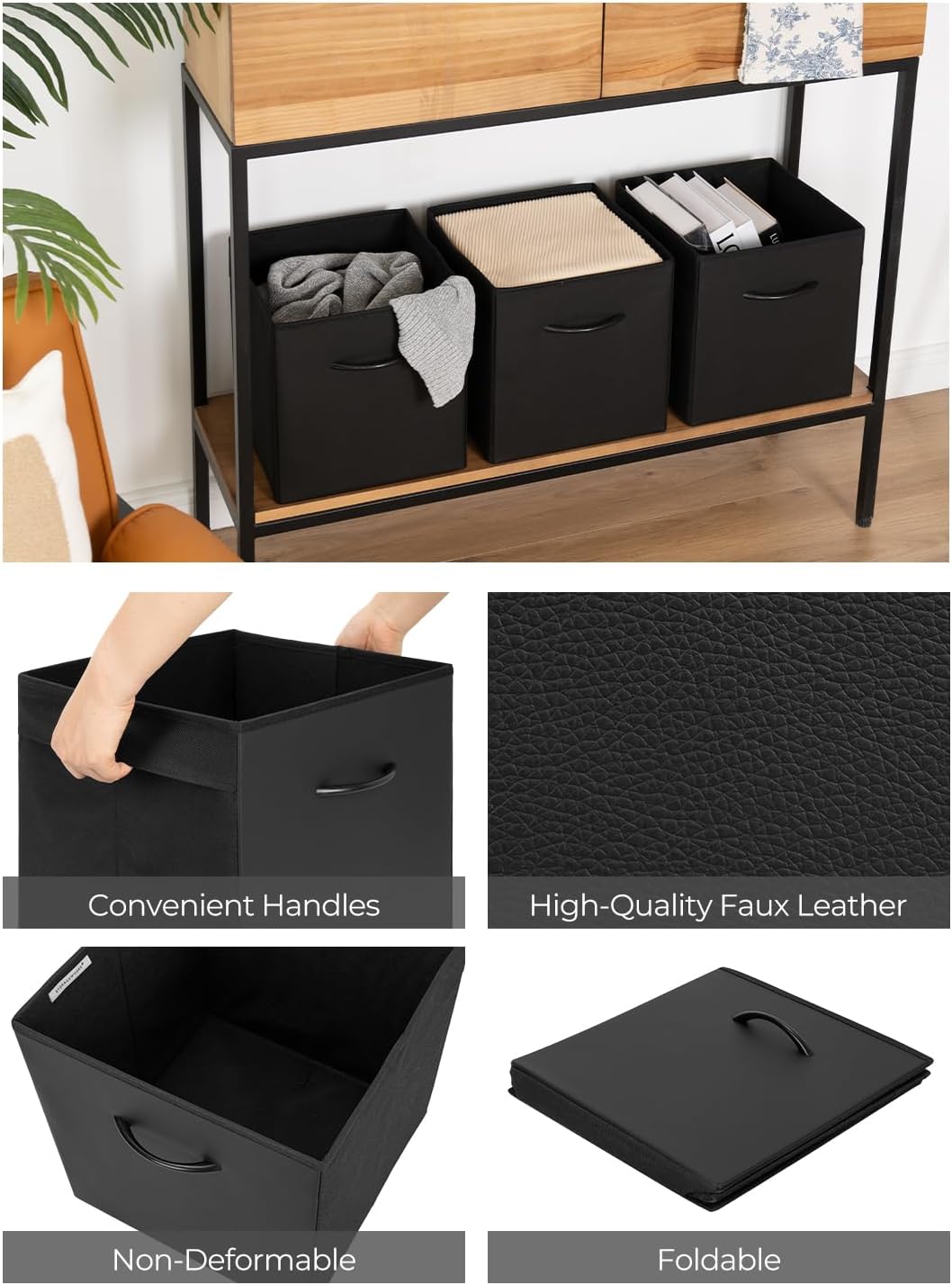 Cubos almacenamiento negro cuero 11" asa plegables set 4
