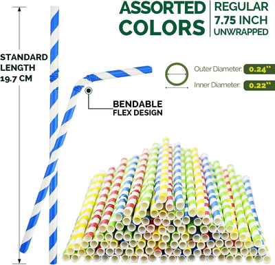Pajitas papel flexible 250uds 7.75pulg biodegradables varios colores