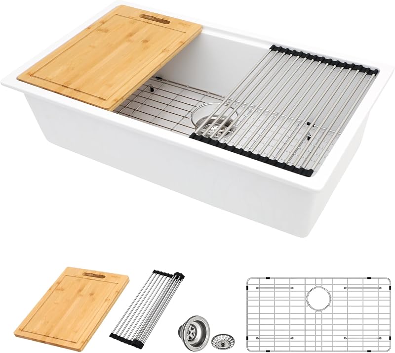 Fregadero cocina blanco 30pulg cuarzo con repisa granito