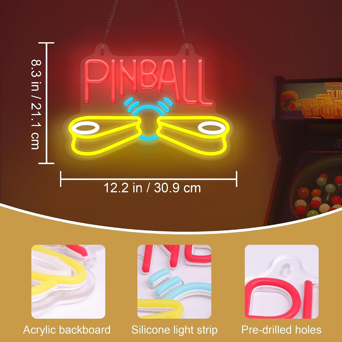 Letrero neón arcade para pinball bar salón con USB y ganchos