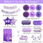 Decoración cumpleaños morada globos pancarta flecos pompones