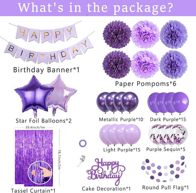 Decoración cumpleaños morada globos pancarta flecos pompones