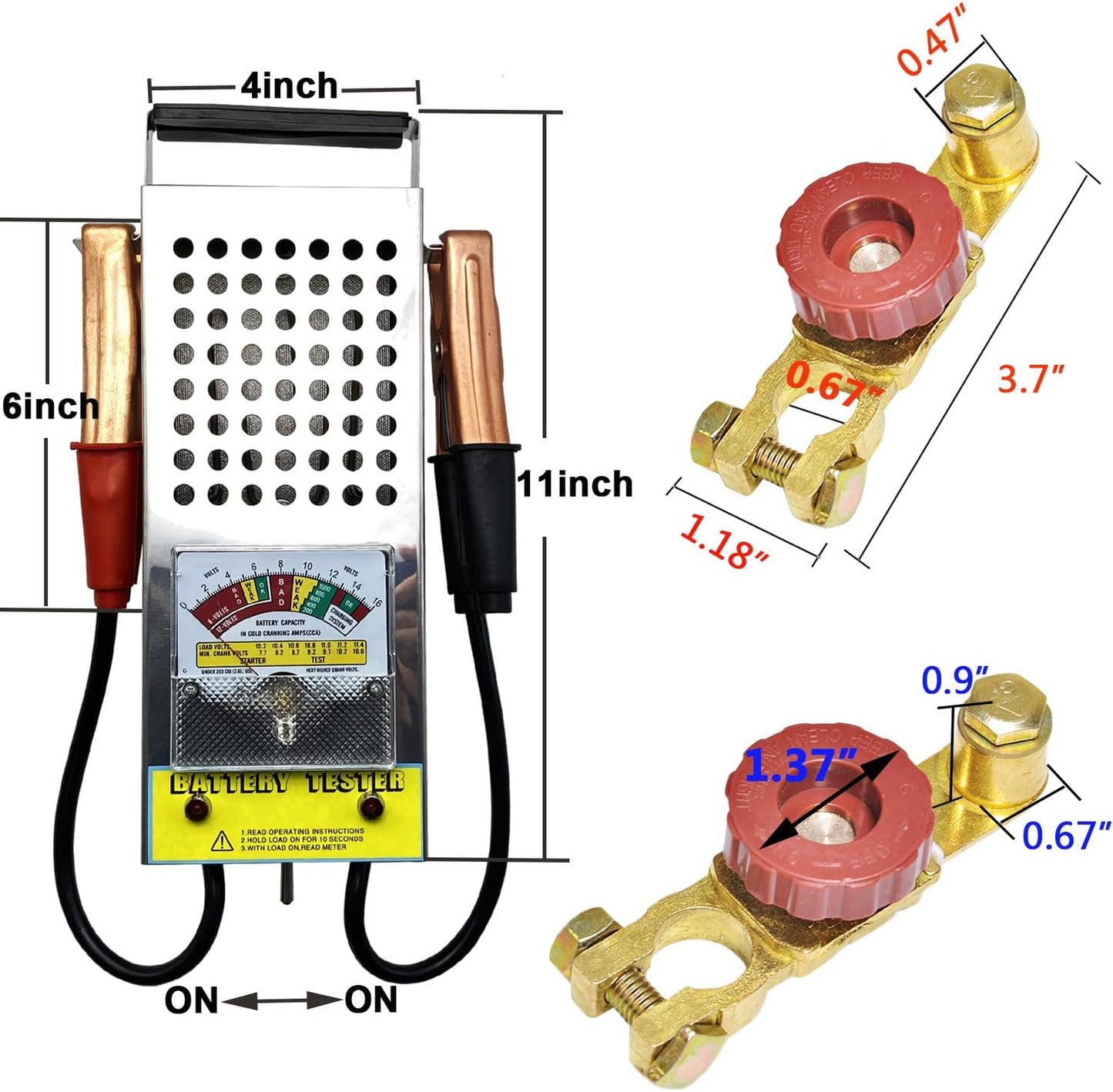 Probador carga batería 12V 6V con pinzas cocodrilo