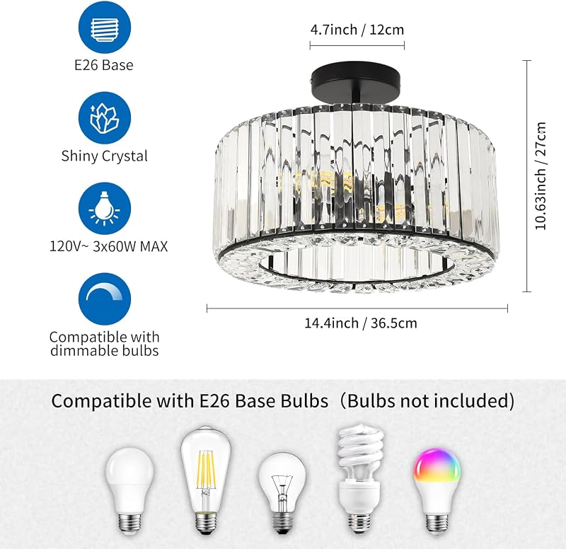 Lámpara techo cristal candelabro negro 3 luces 14.4"