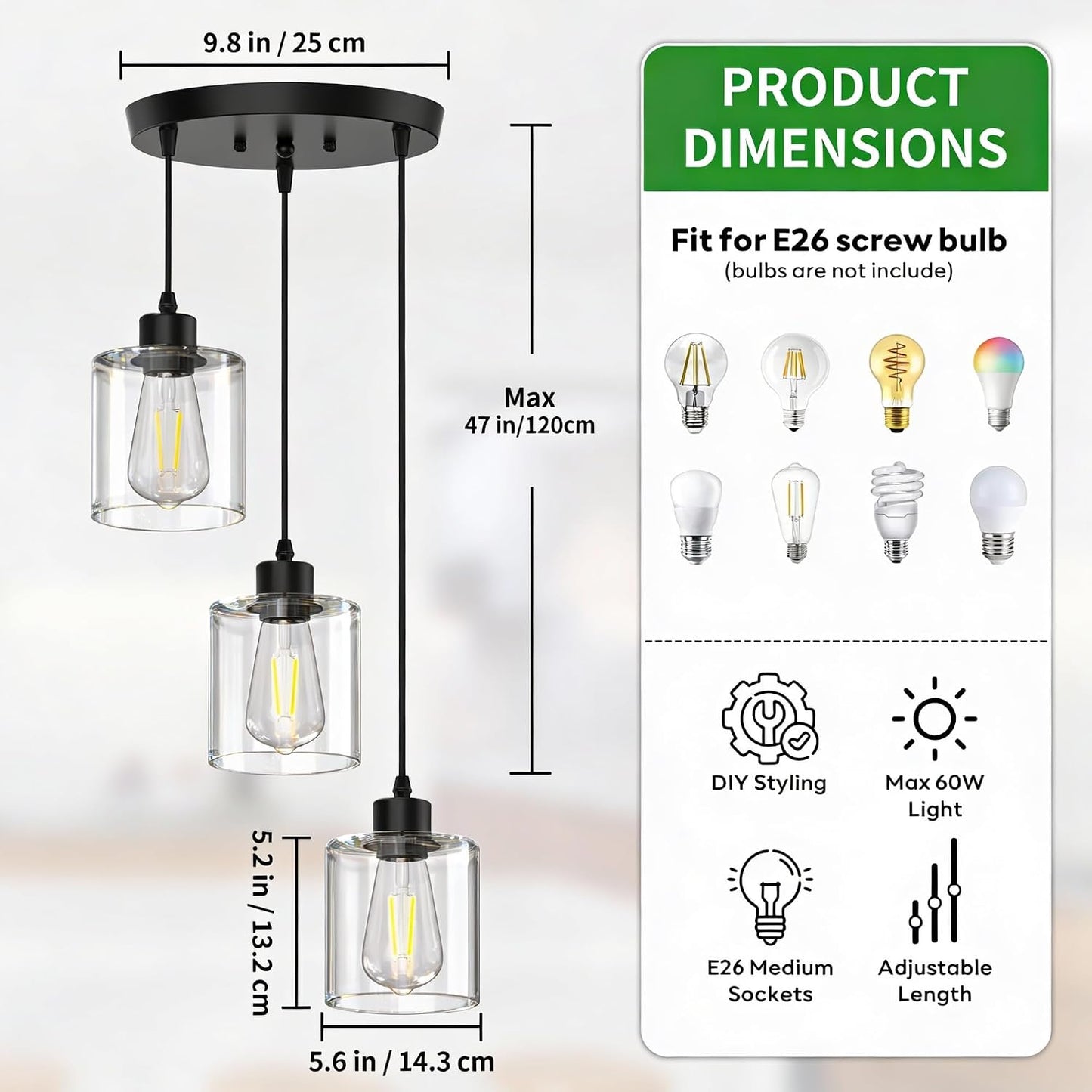 Lámpara techo 3 luces isla cocina comedor negro vidrio