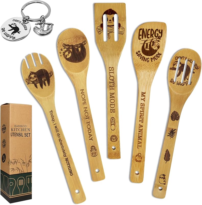 Set 6 cucharas bambú estampado llavero decoración cocina
