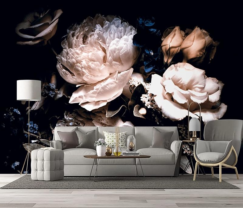 Papel pintado floral peonía negra con flores rosas