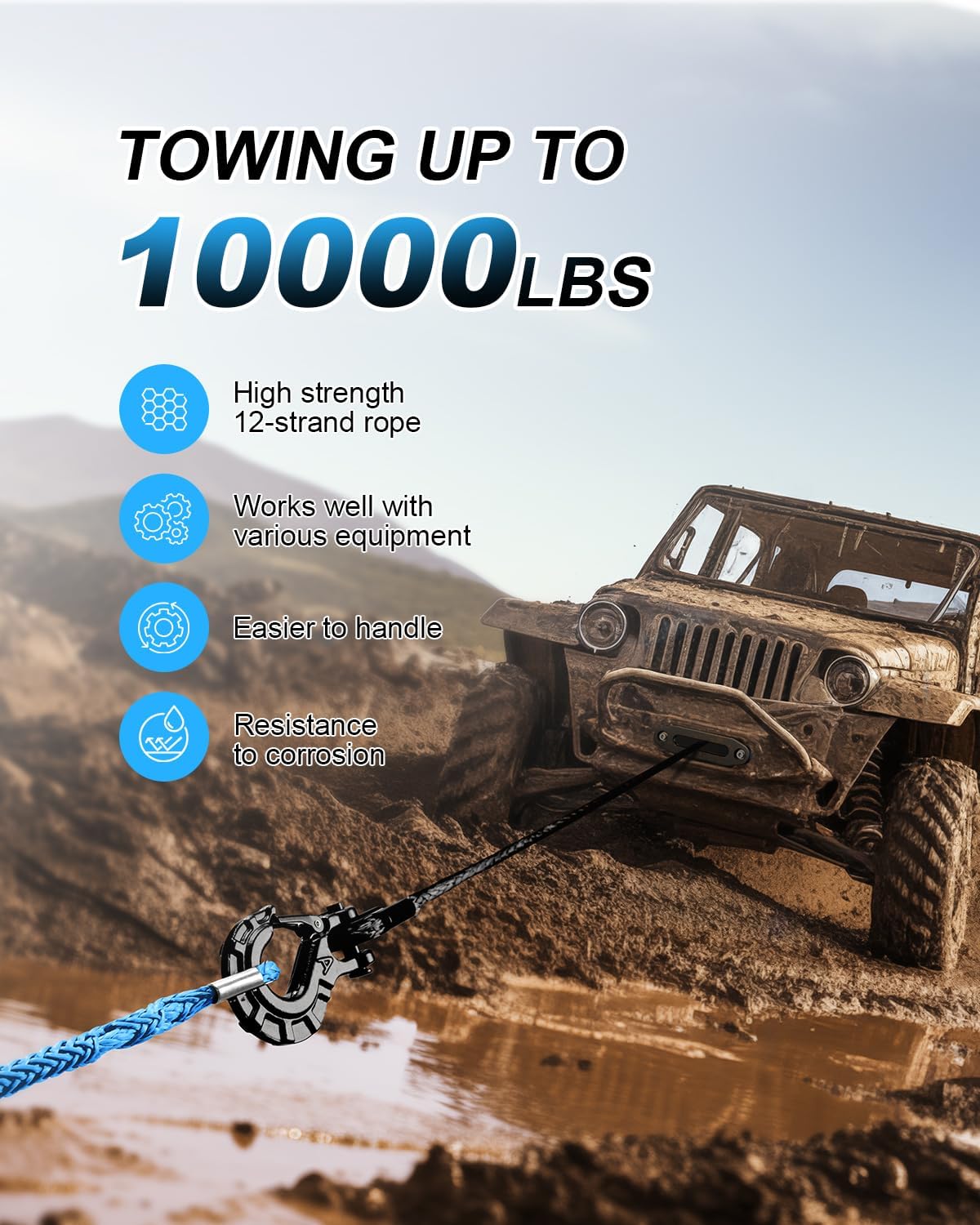 Extensión cuerda cabrestante 1/4" 50ft 10000lb ATV UTV