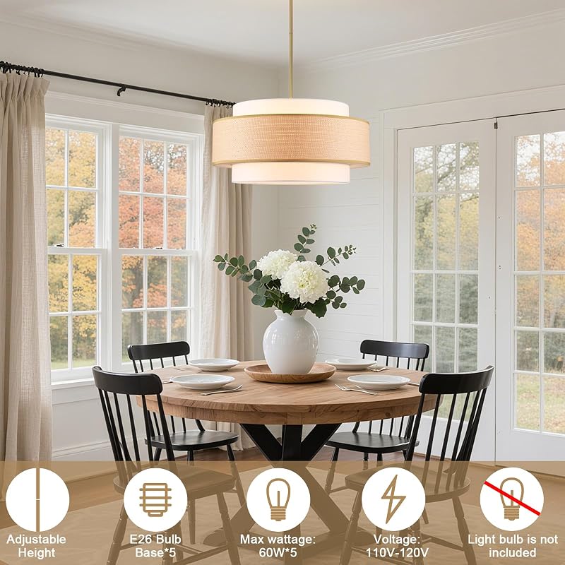 Candelabro ratán 23.6" 5 luces tela blanca comedor