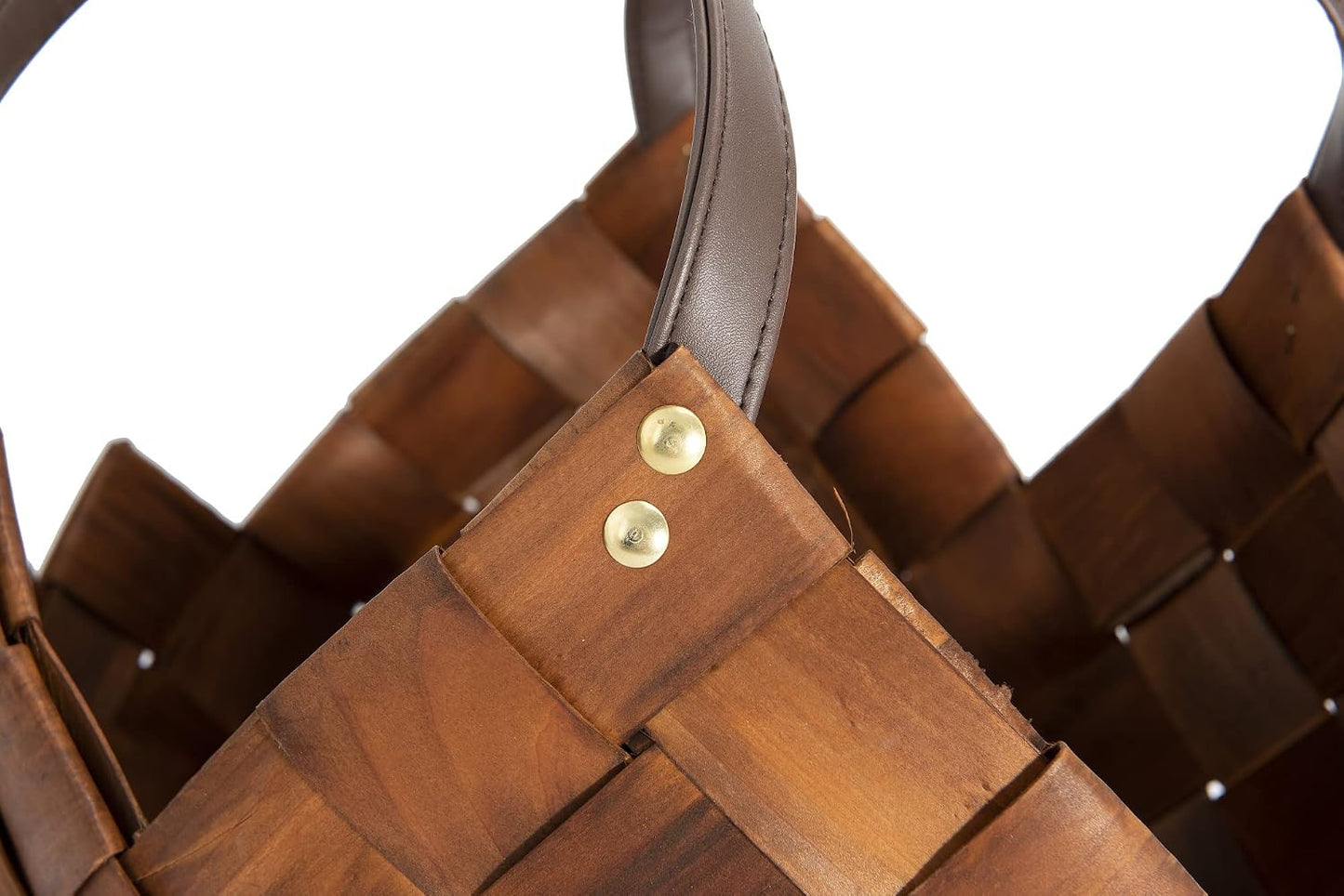 Cesta almacenamiento tejida marrón asas cuero set 3
