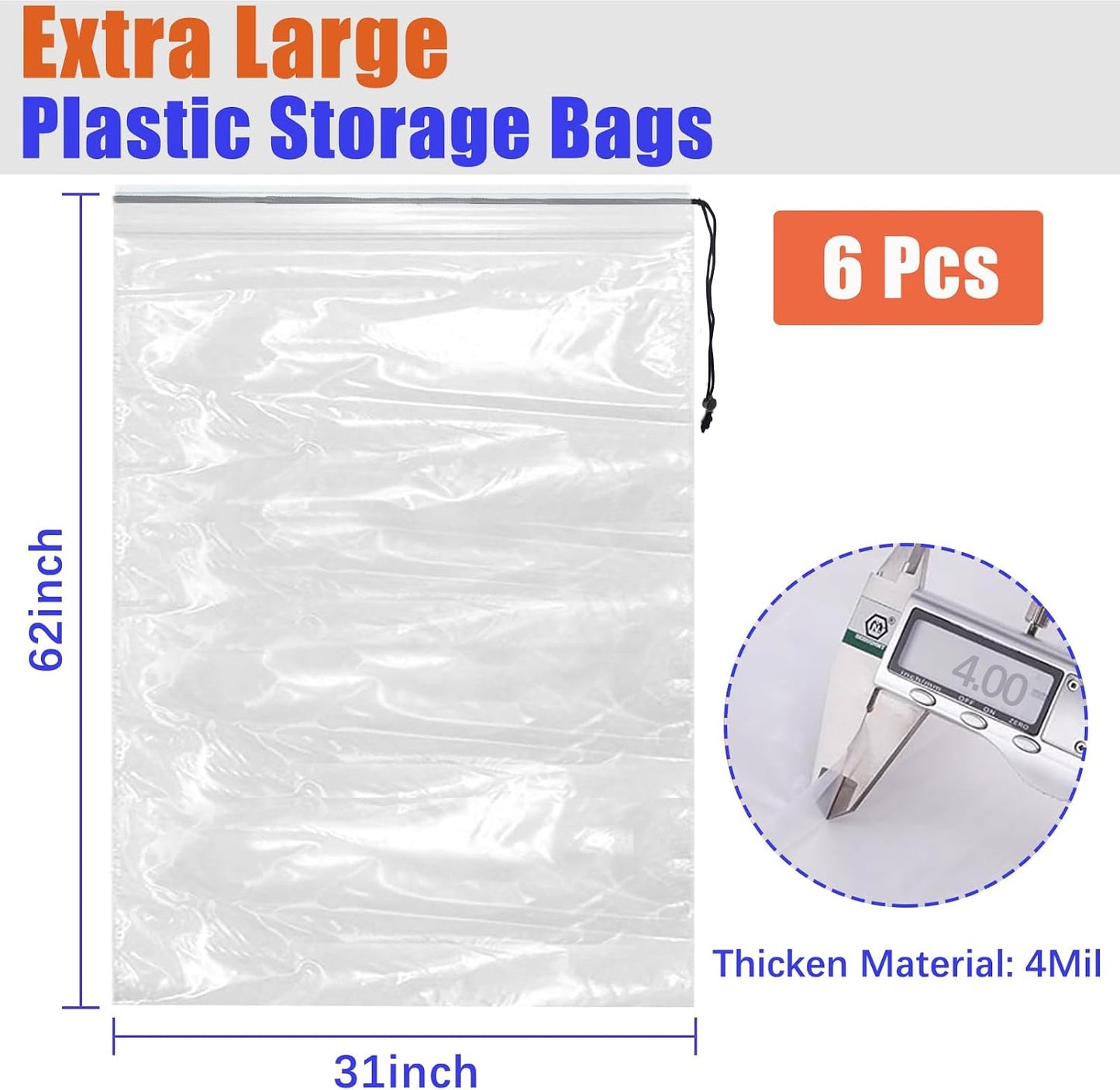 Bolsas plástico transparente 62x31" con cordón set 6