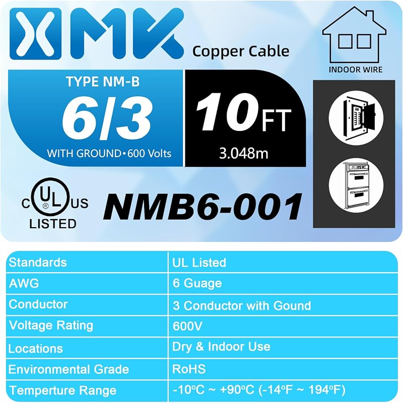 Cable NM-B 6 AWG 10 pies 3 conductores cobre para interiores