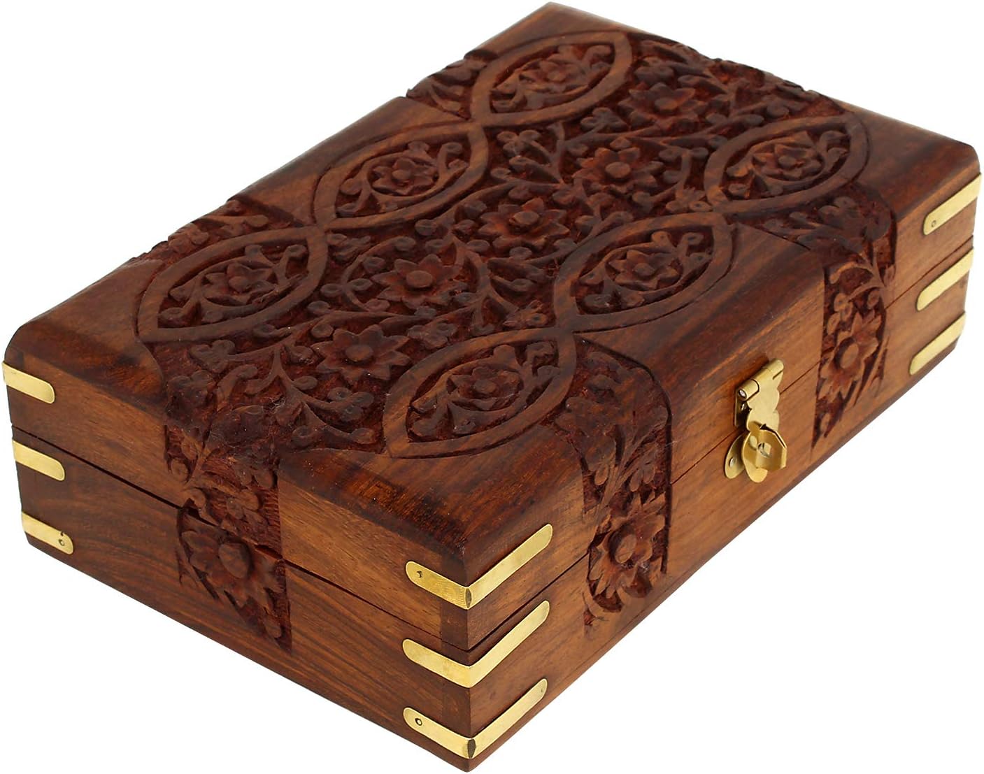 Caja de tesoro madera tallada diseño floral multiusos