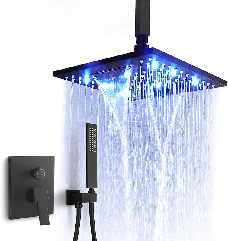 Sistema ducha techo LED 10" lluvia alta presión negro mate
