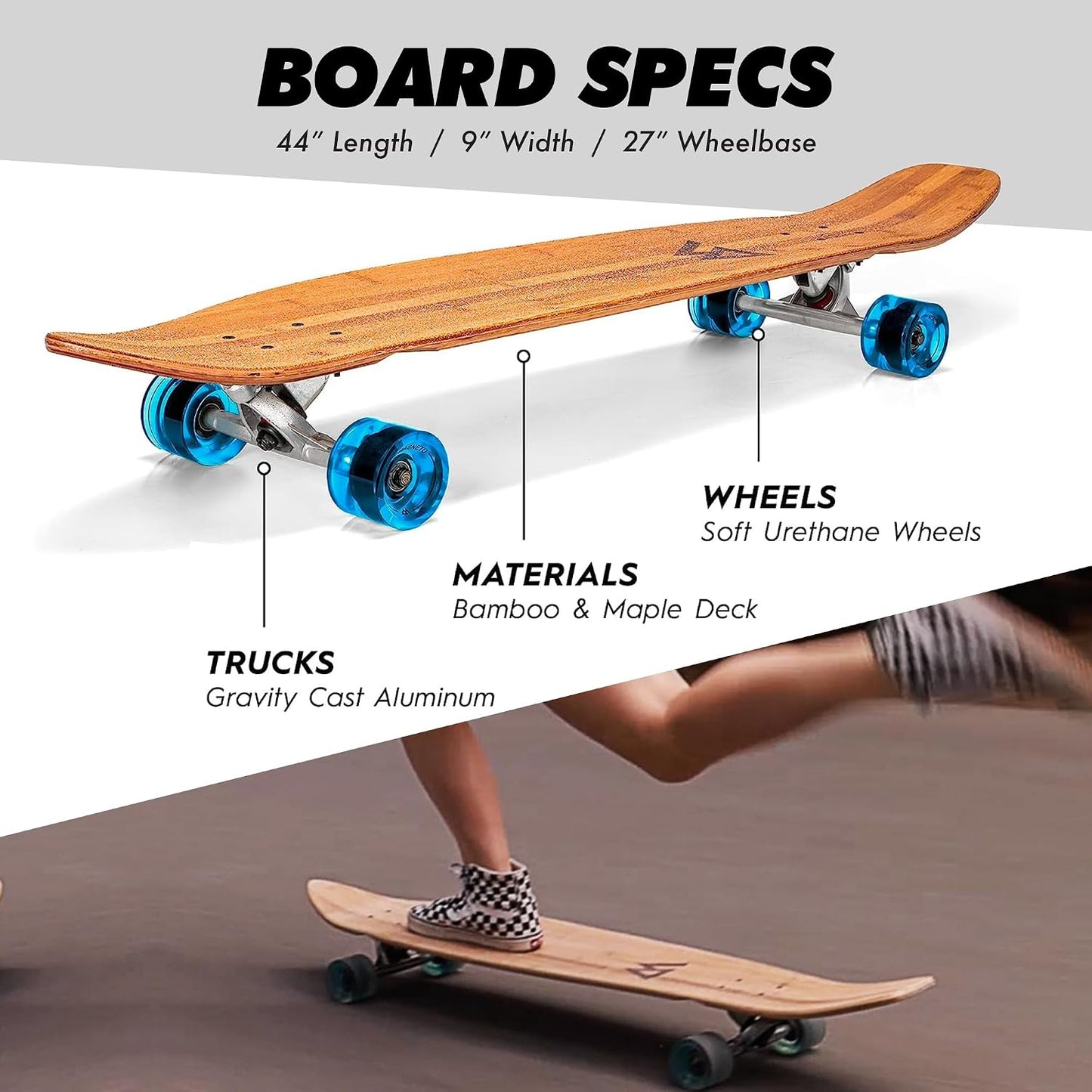 Longboard de 44" bambú y maple para adultos y niños