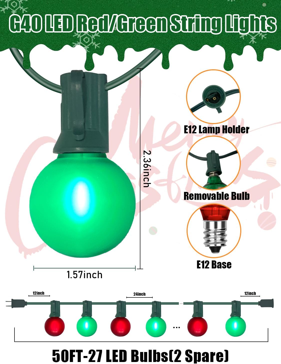 Cadena luces Navidad G40 50ft 27 LED rojo y verde