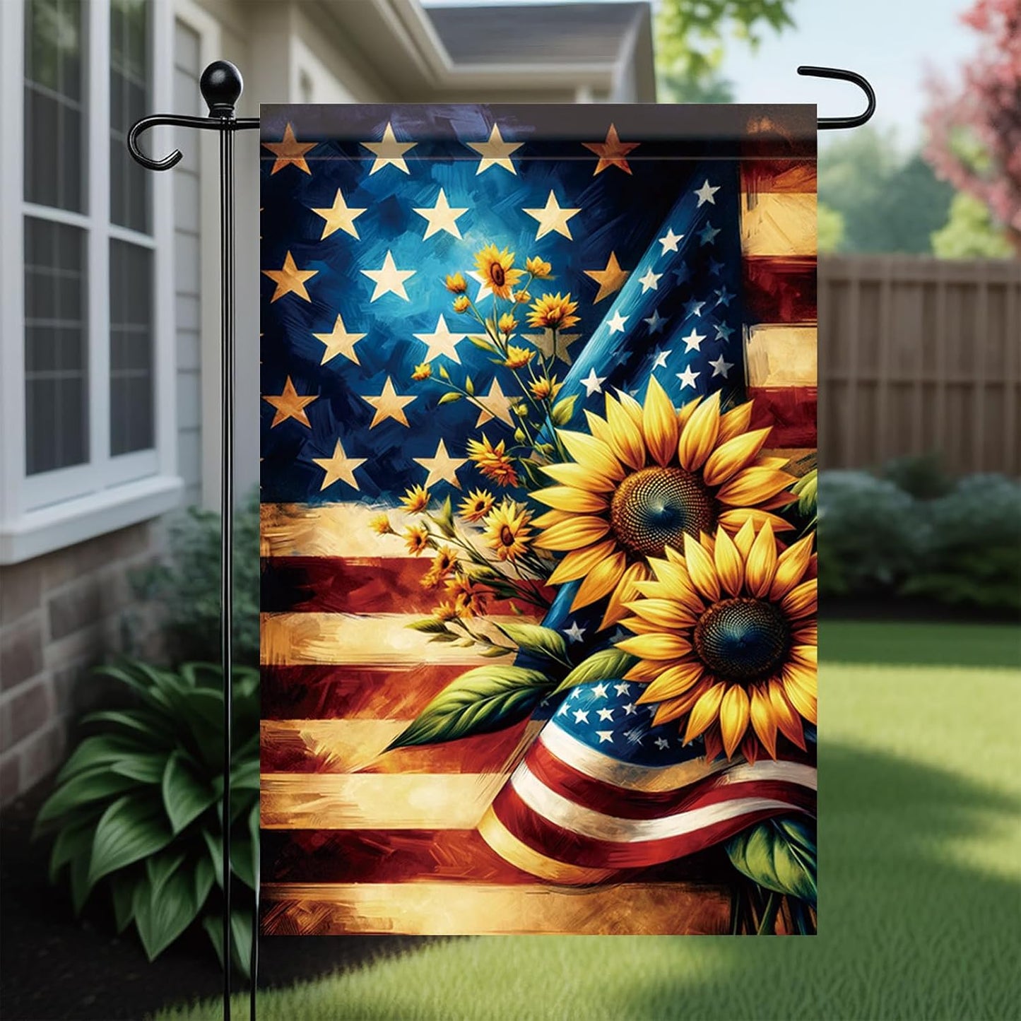 Bandera patriótica verano con girasoles 12x18pulg jardín