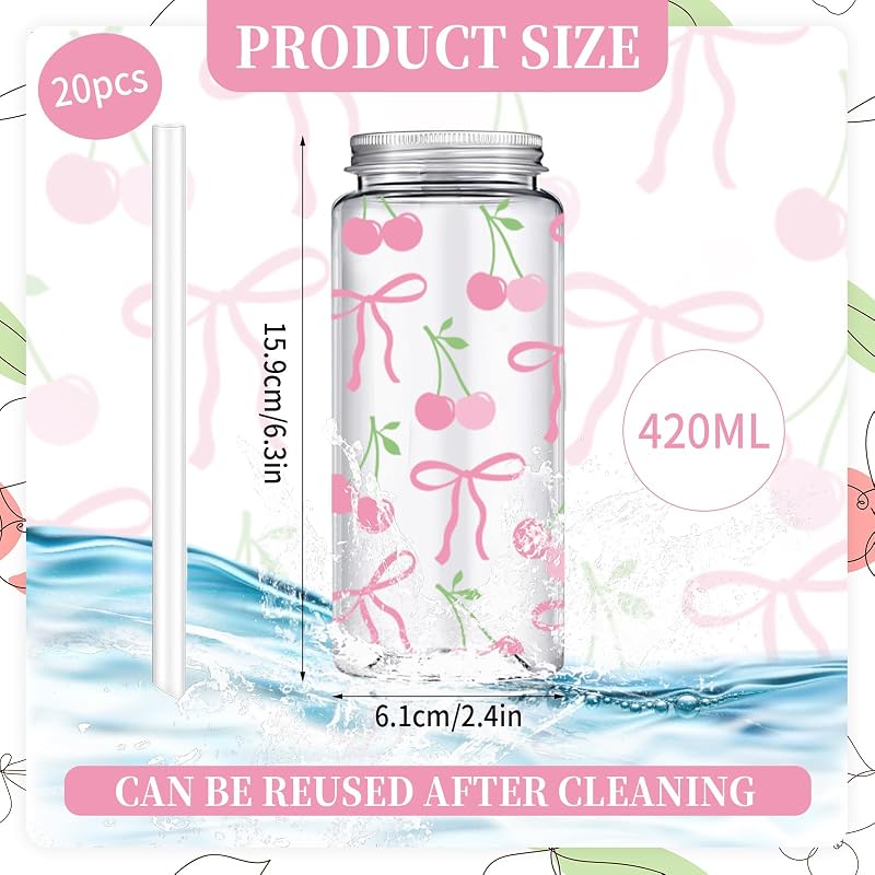 20 Vasos Plástico Cereza Lazo Rosa Tapas Pajitas Reutilizables