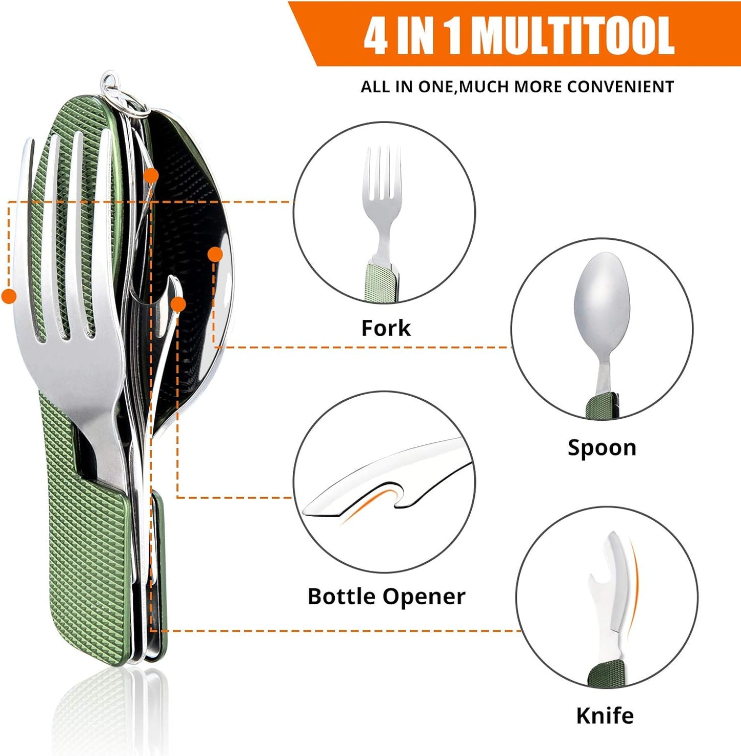 Set 4en1 cubiertos acero inox para camping verde
