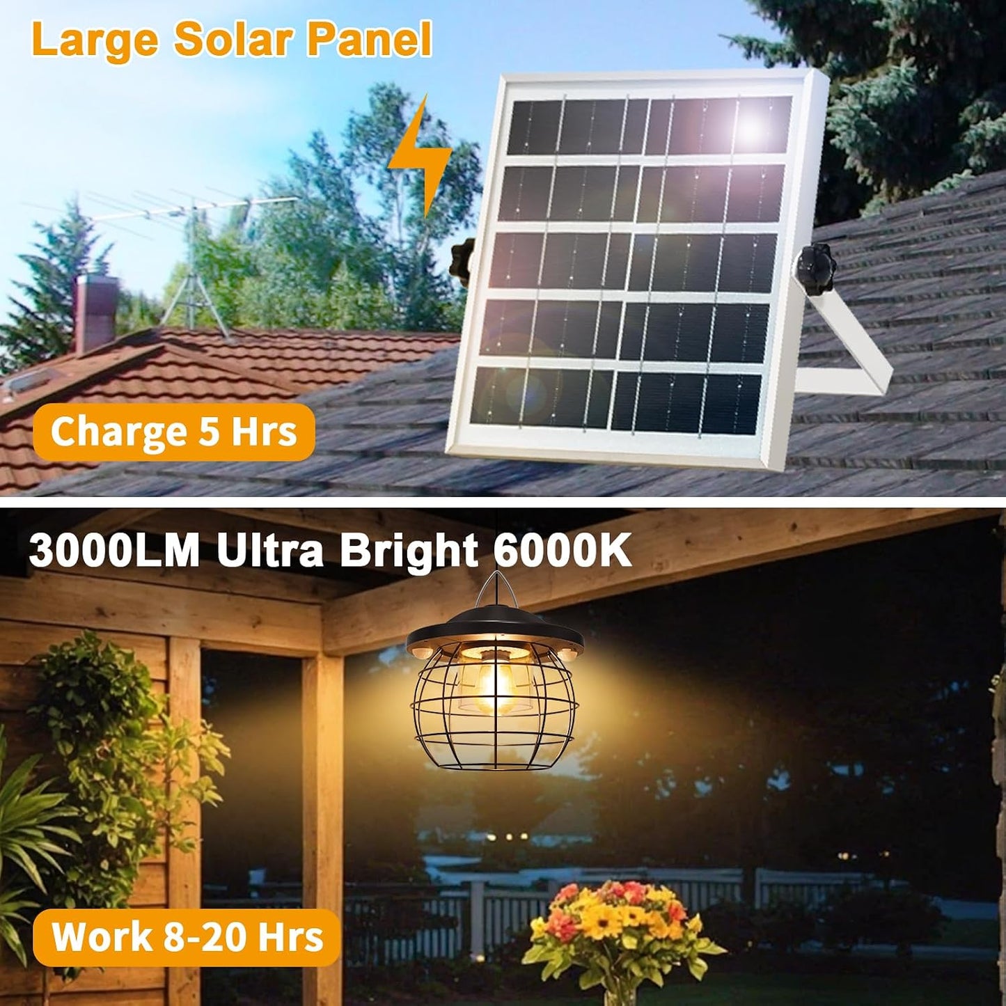 Lámpara colgante solar 3000lm exterior con 2 sensores retro