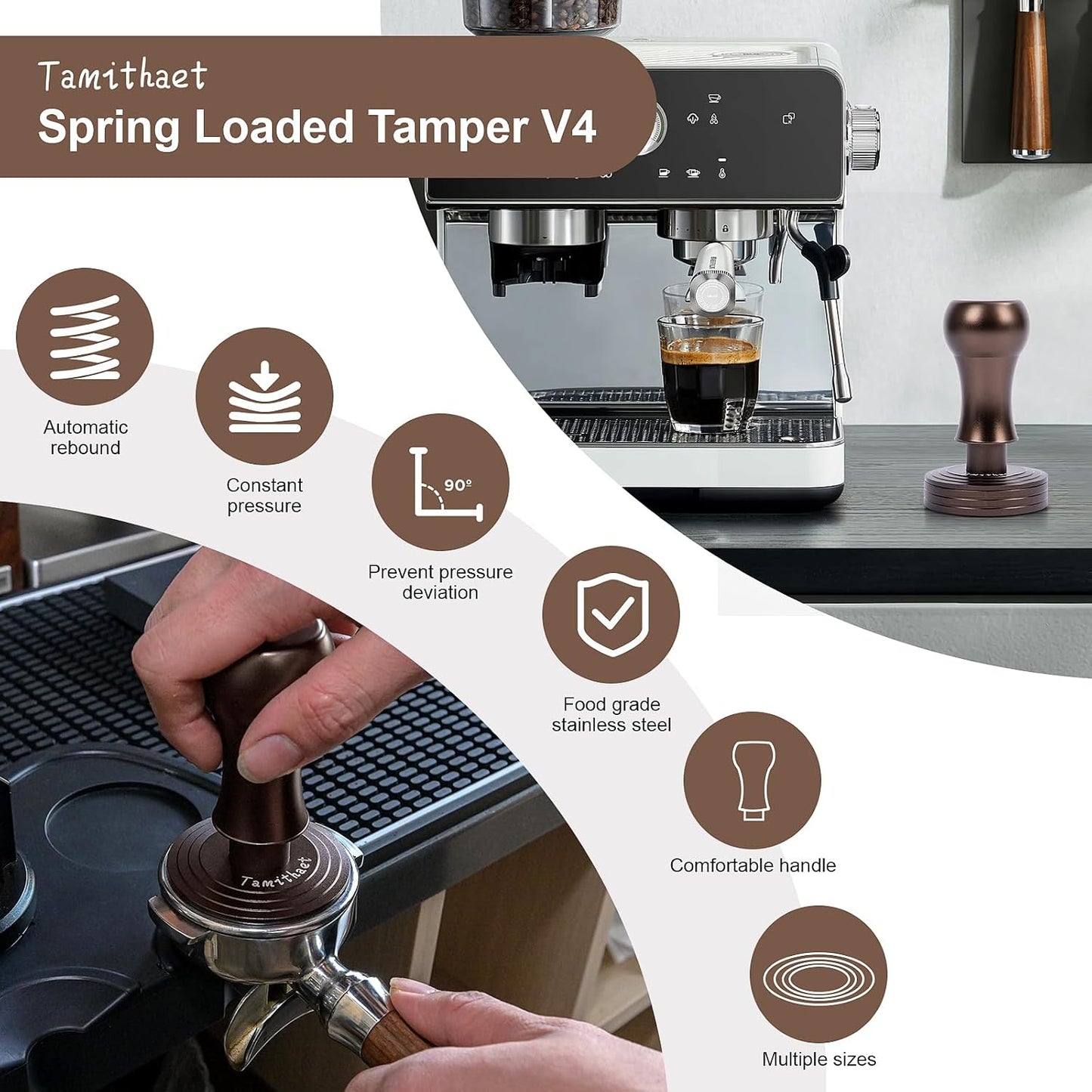 Manipulador café acero inox 2.106pulg prensa espresso ergonómico