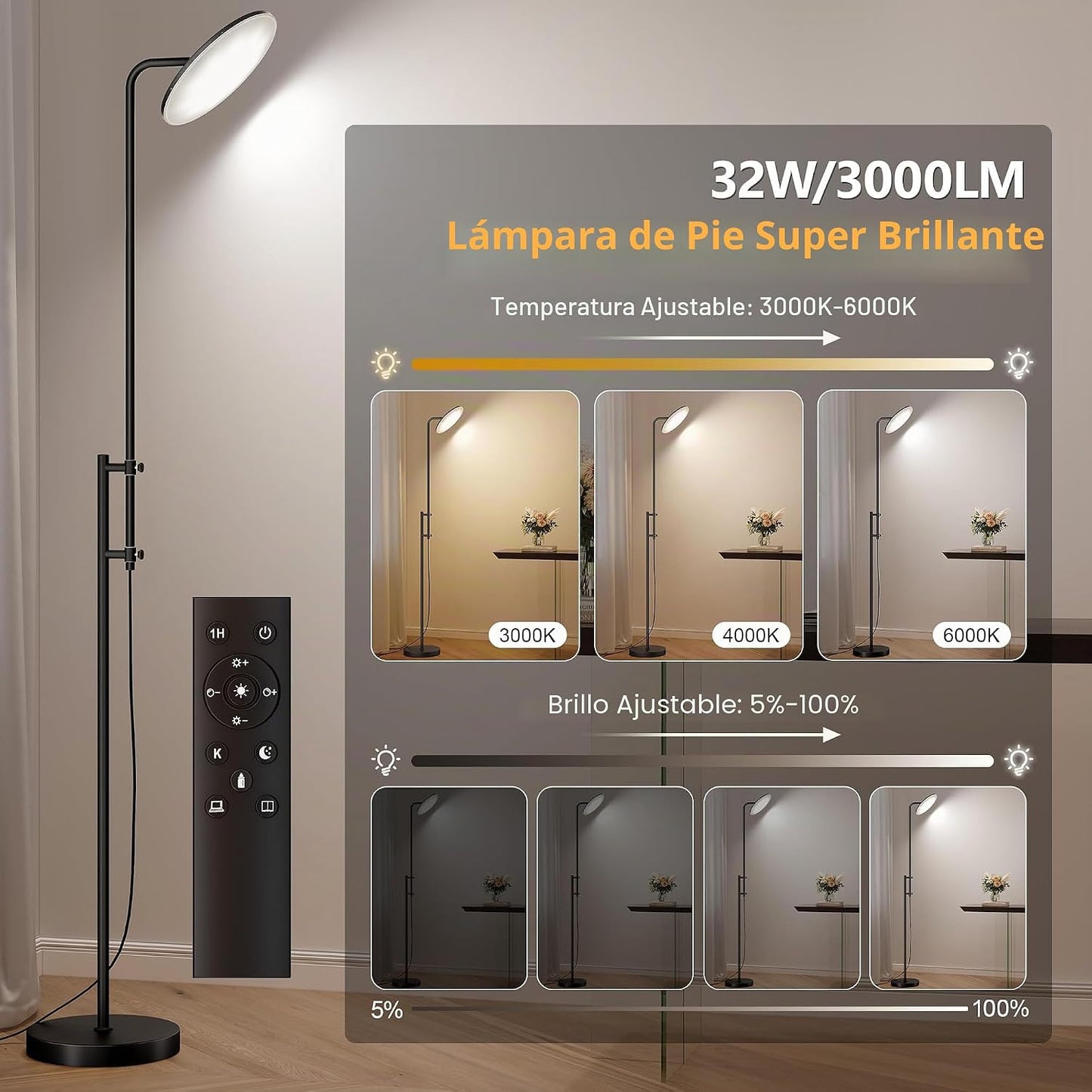 Lámpara pie LED 32W 3000LM ajustable con control remoto