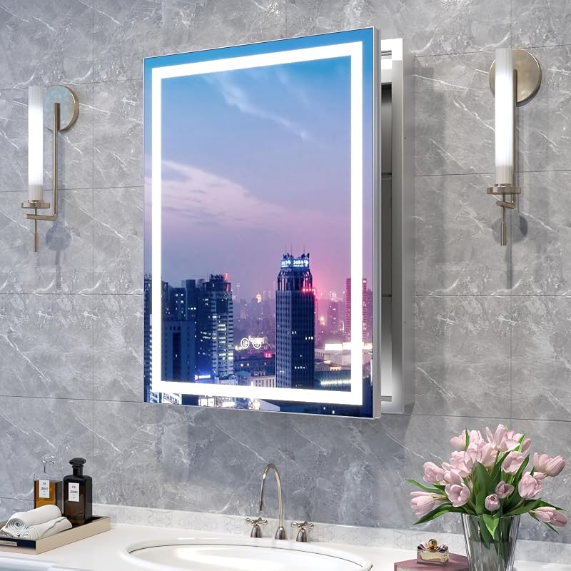 Botiquín baño LED 20x26" aluminio con espejo doble y enchufe