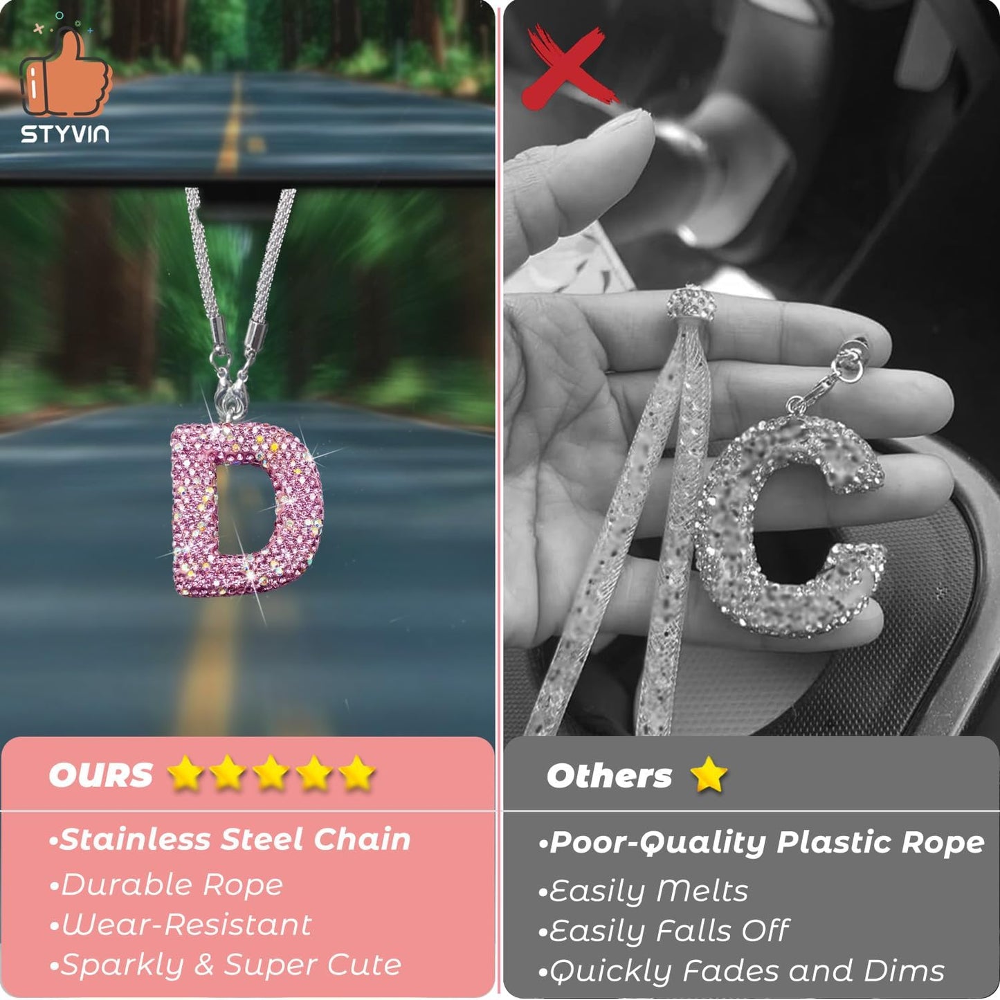 Espejo retrovisor coche con dije rosa y cristal decorativo