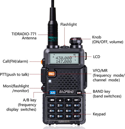 Radioaficionado UV-5R 8W con batería 1800mAh y antena doble