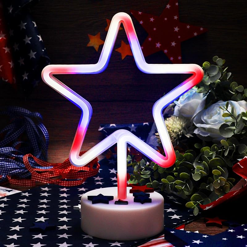 Letrero neón estrella patriótica 4 de julio USB y pilas