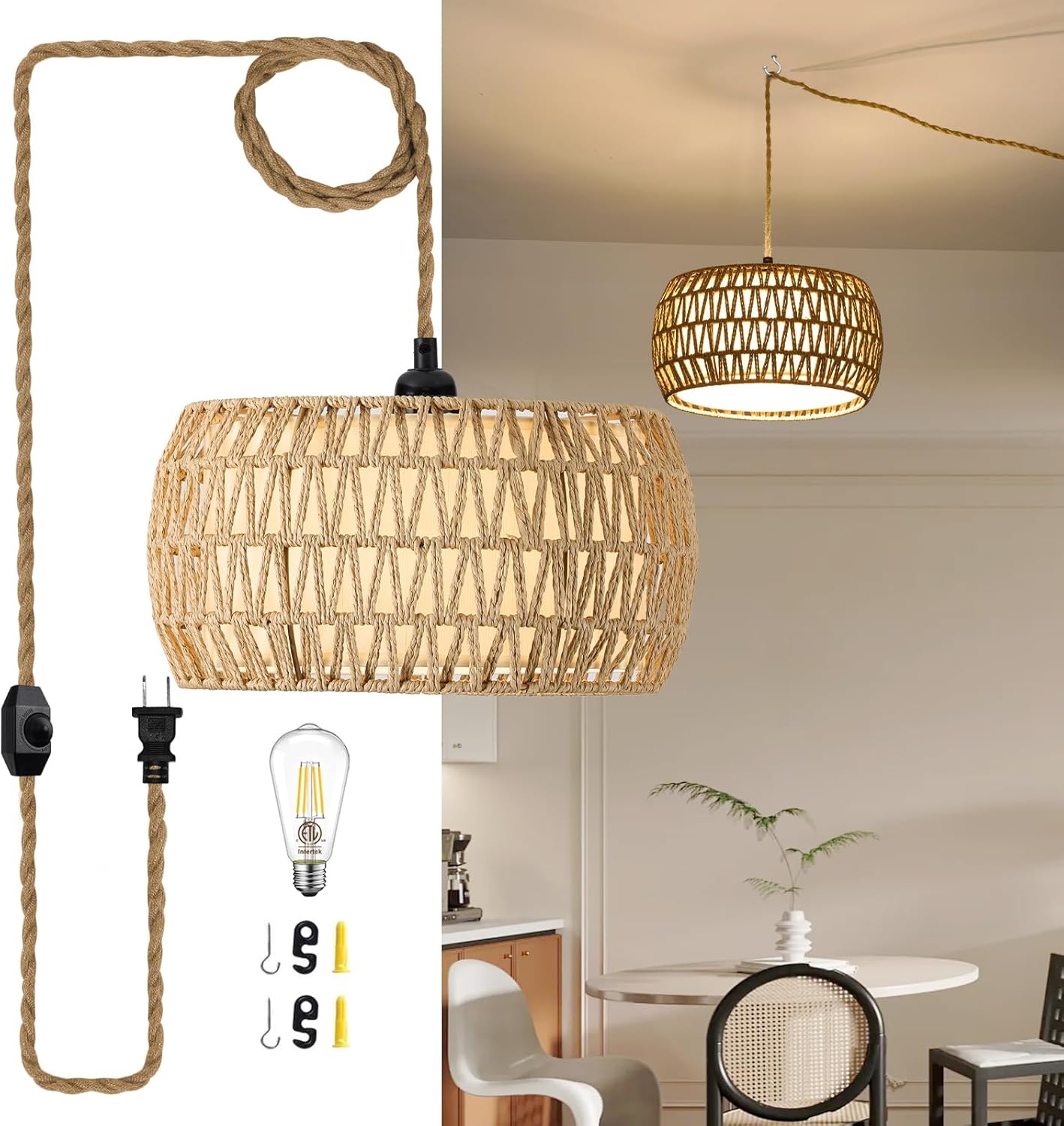 Lámpara colgante ratán bohemio 12pulg comedor