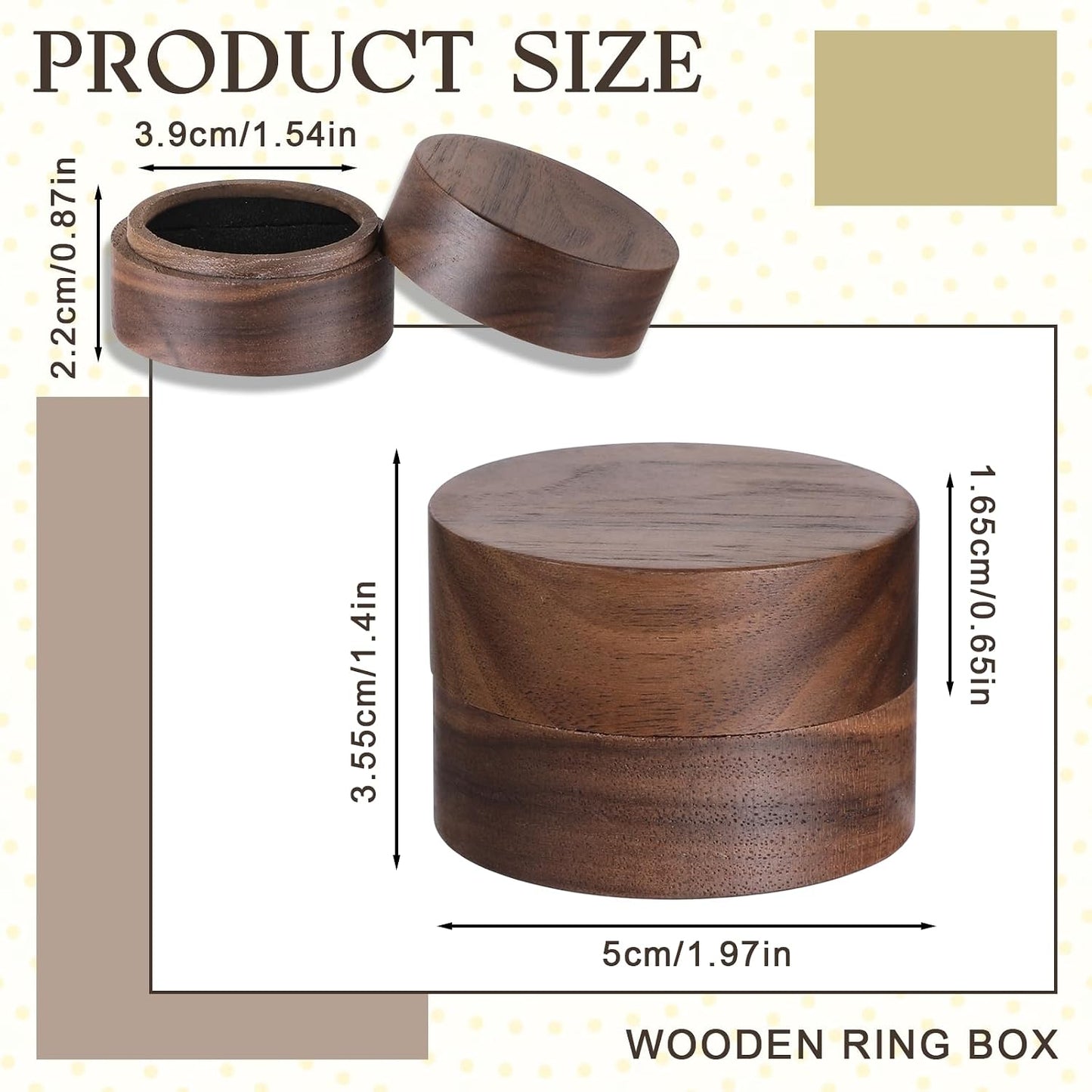 Caja anillos madera redonda 2" para hombres mujeres