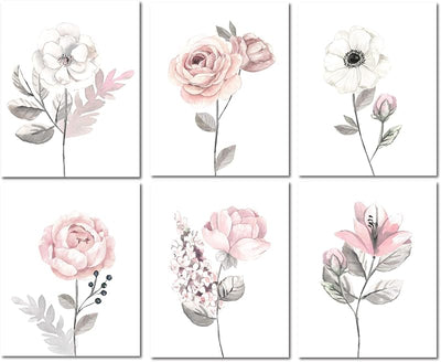6 Pzas Acuarela Floral Pared Niño Rosa/Gris