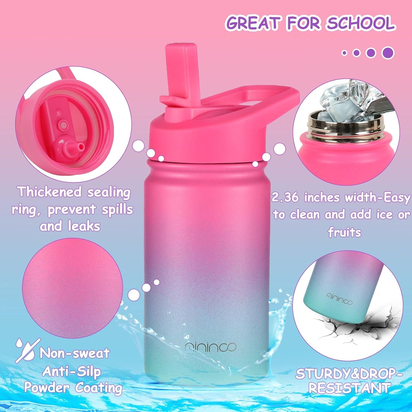 Botella agua acero inox 12oz para niños con popote