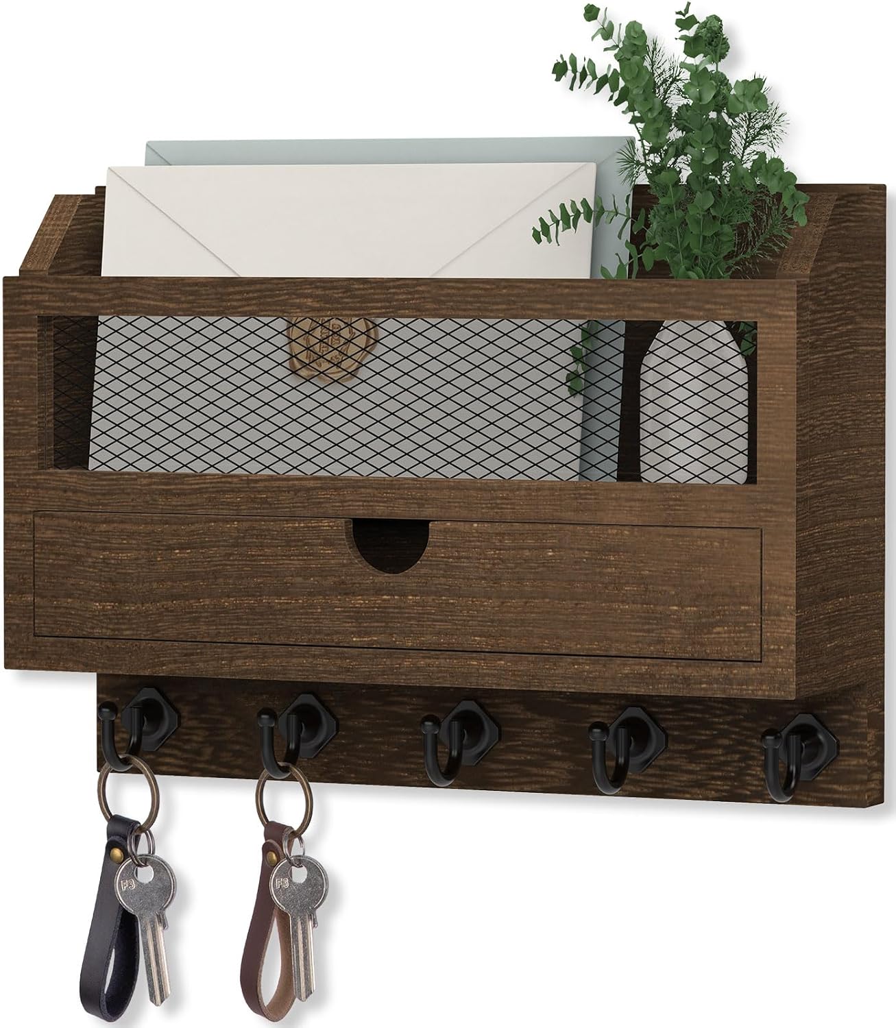 Soporte llaves pared 5 ganchos cajón madera 11x7.9x3.1