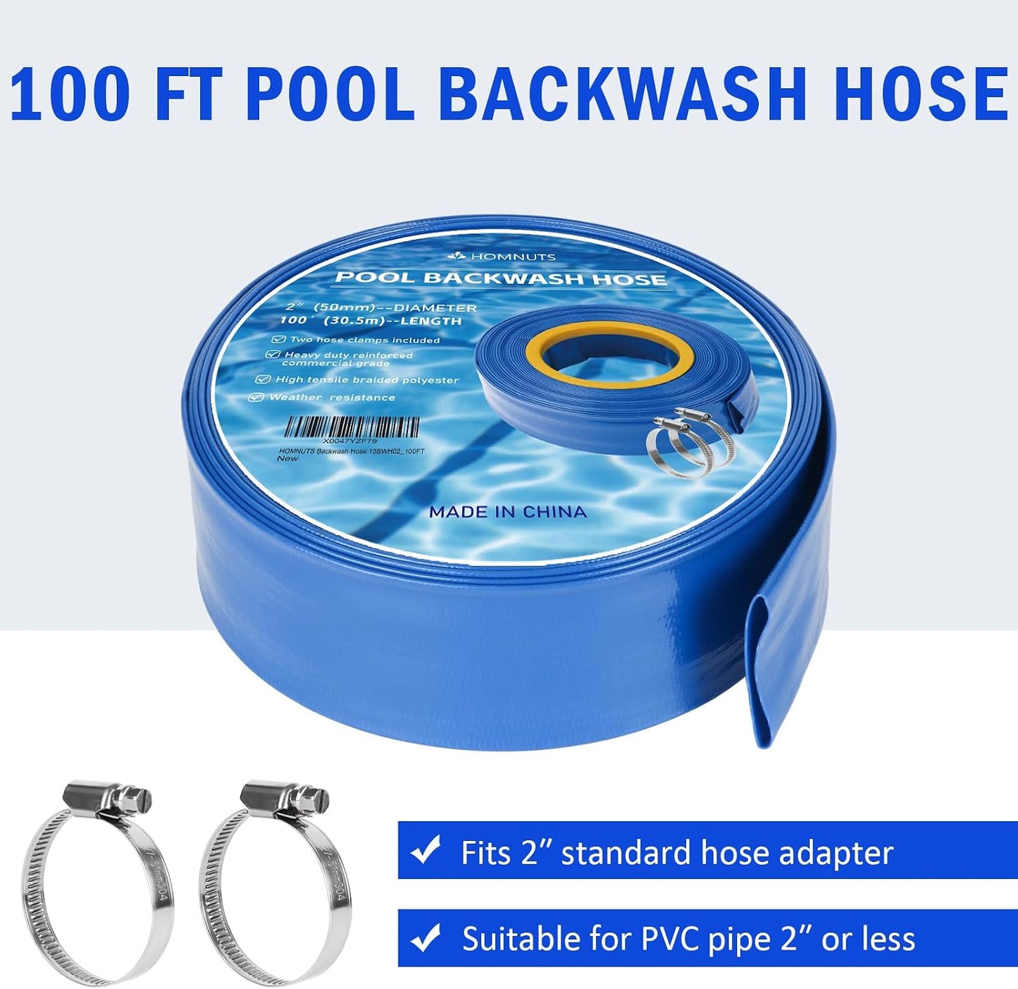 Manguera retrolavado piscina PVC 2" x100ft azul