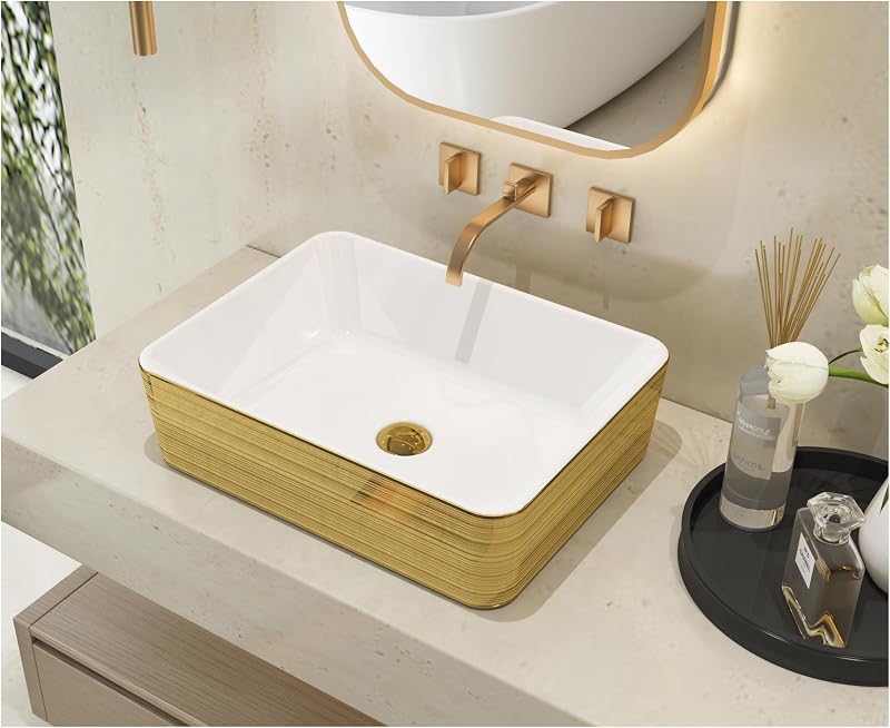 Lavabo rectangular cerámica 19pulg rayas doradas baño