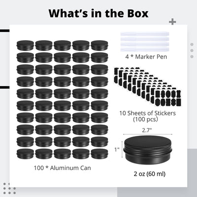 100 Latas Aluminio Negro 2oz Tapa Rosca para Lociones y