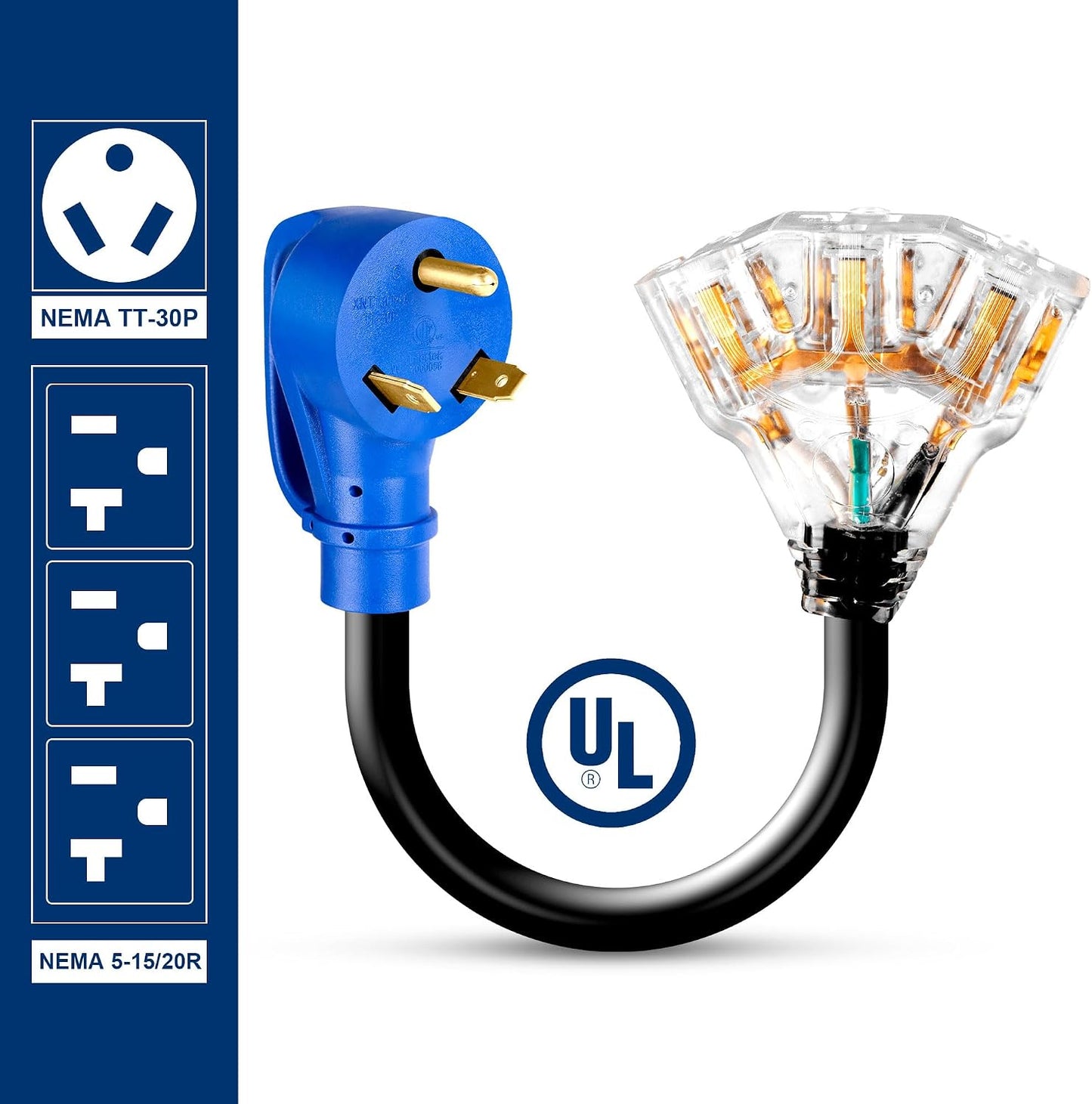 Adaptador NEMA TT-30P a 3X5-15/20R con LED