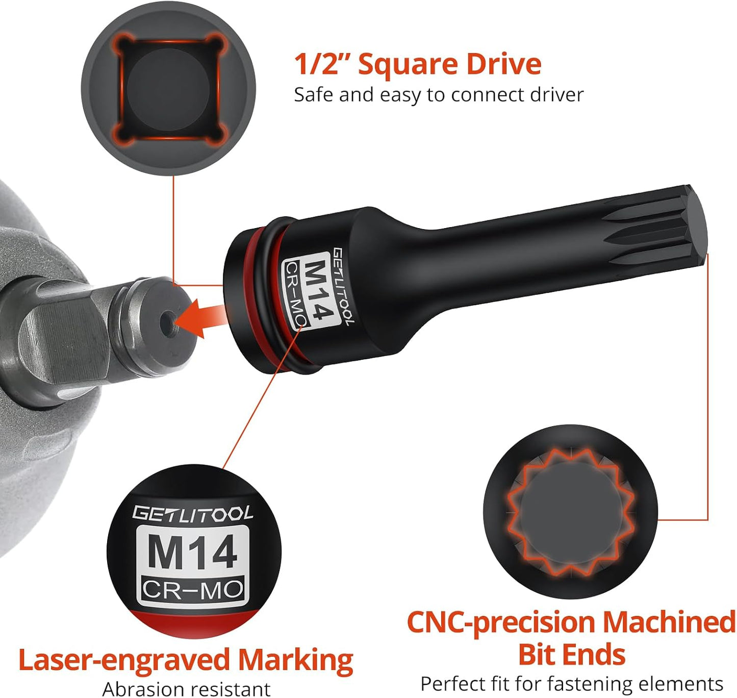 Set 6 llaves vaso Impact XZN M14 M16 M18 1/2 pulg CR-MO