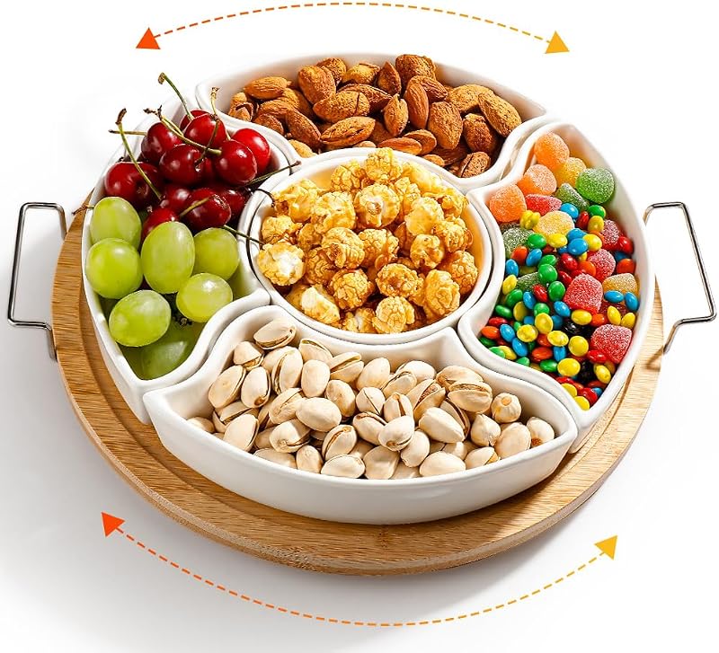 Platos servir cerámica con bandeja bambú giratoria 360° 5