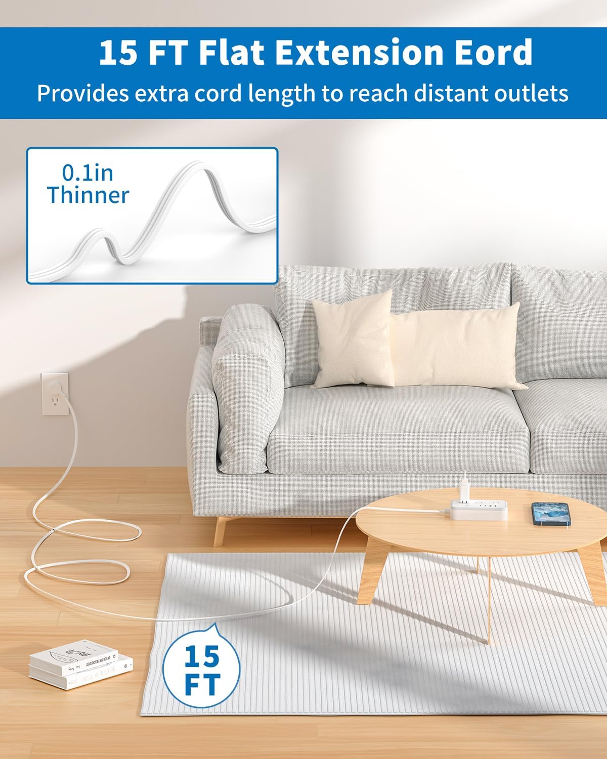 Cable extensión plano 15ft regleta 6 tomas 4 USB 2 USB C
