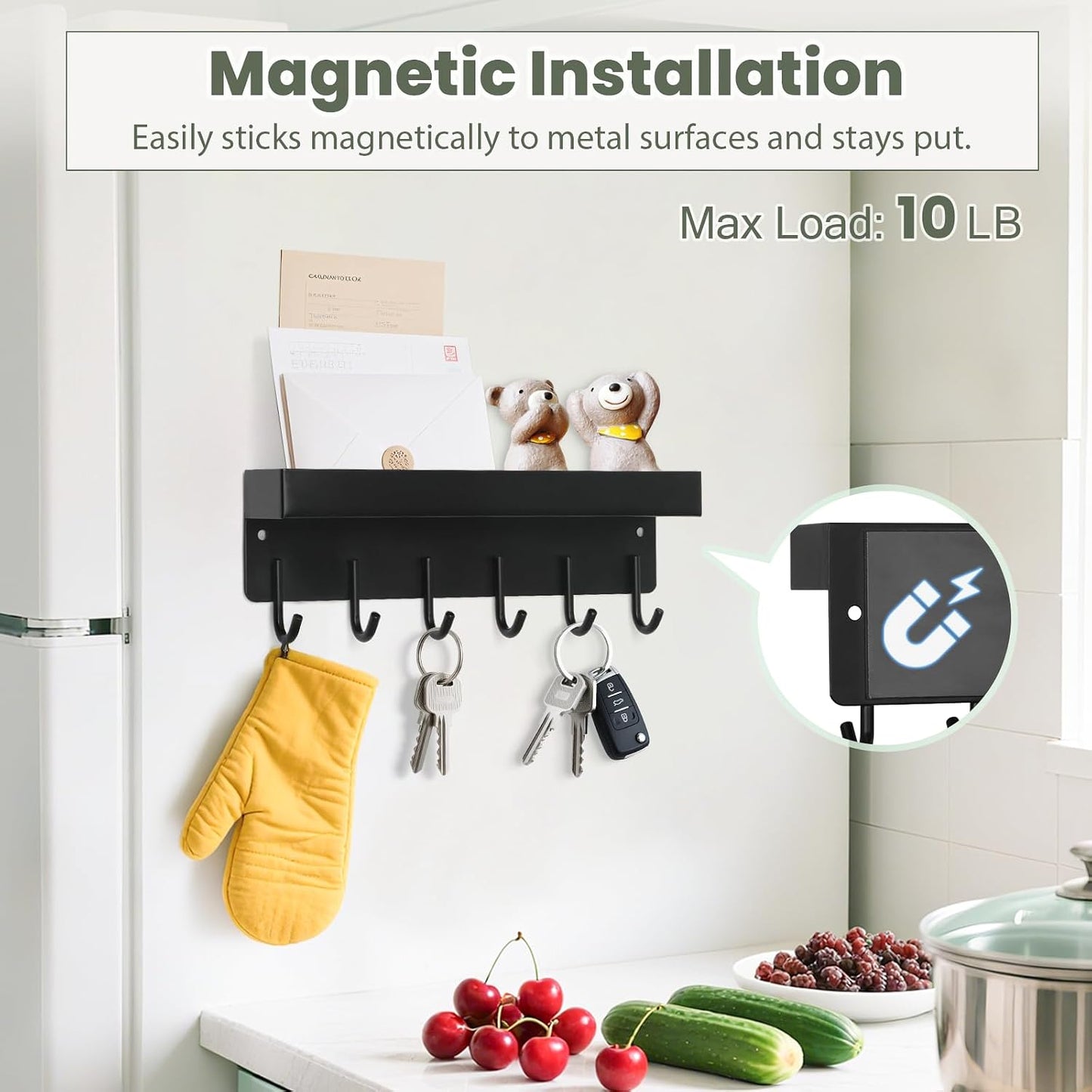 Soporte magnético llaves pared 9.6" 6 ganchos negro