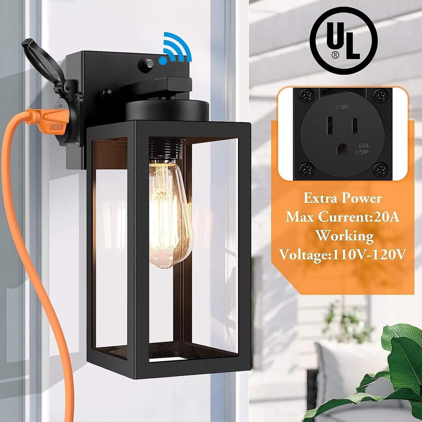 2 Luces pared exterior sensor toma corriente negras