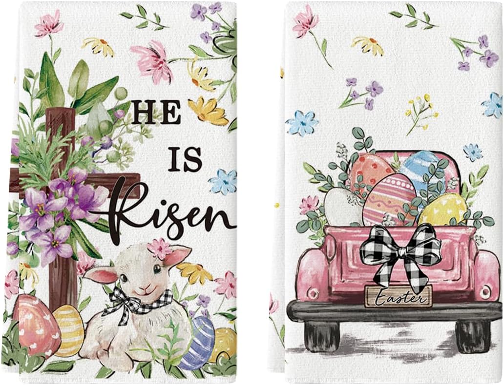 Juego de 2 toallas de cocina con diseño de oveja, camión, conejo y flores Pascua primavera