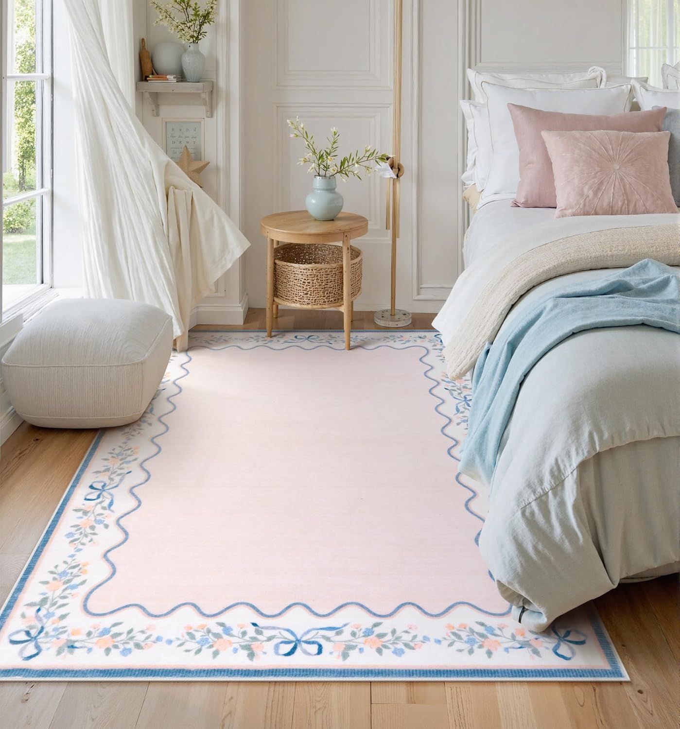 Alfombra bohemia festoneada dormitorio niña 5x7ft lavable