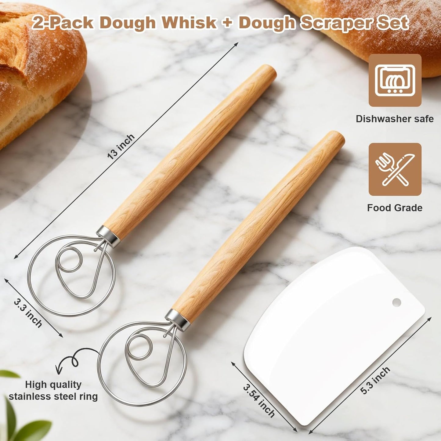 Paquete de 2 batidores de masa danesa de 13 pulgadas con raspador y agarre ergonómico de madera