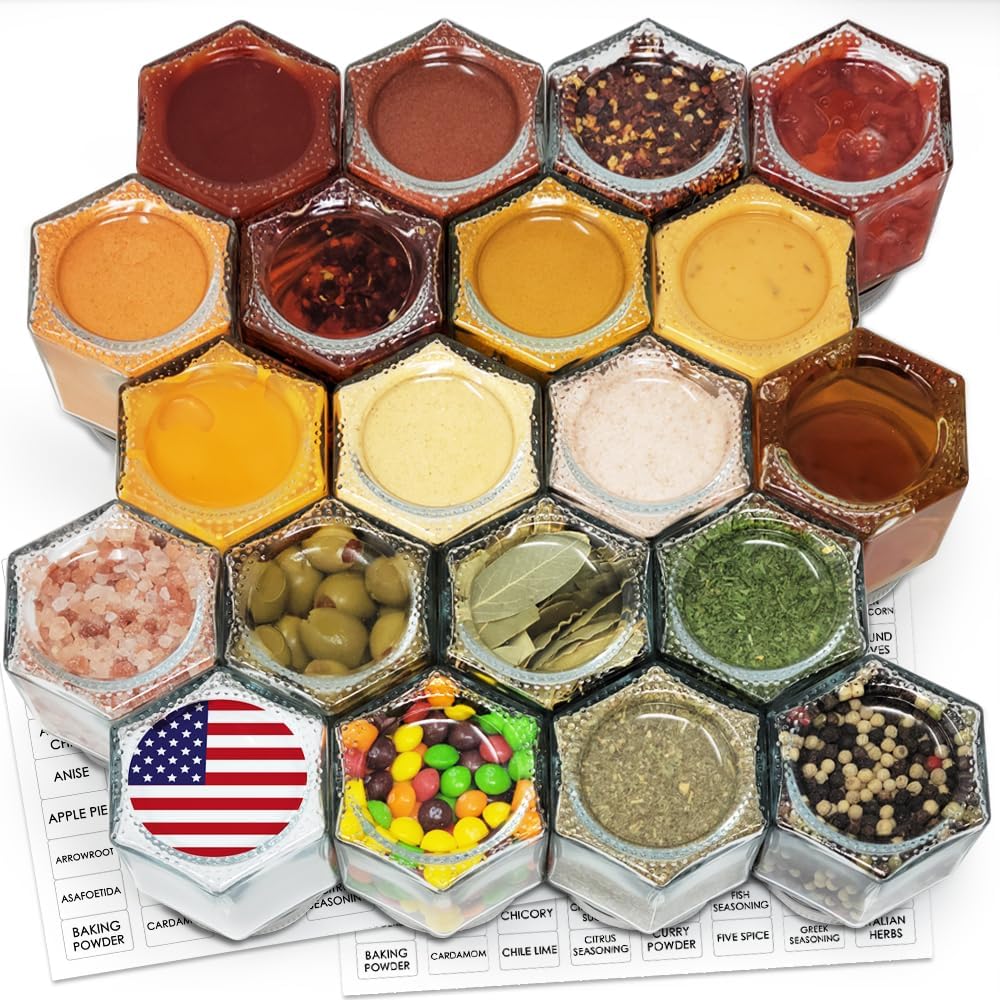 Set 20 tarros vidrio hexagonales 4oz con tapas magnéticas