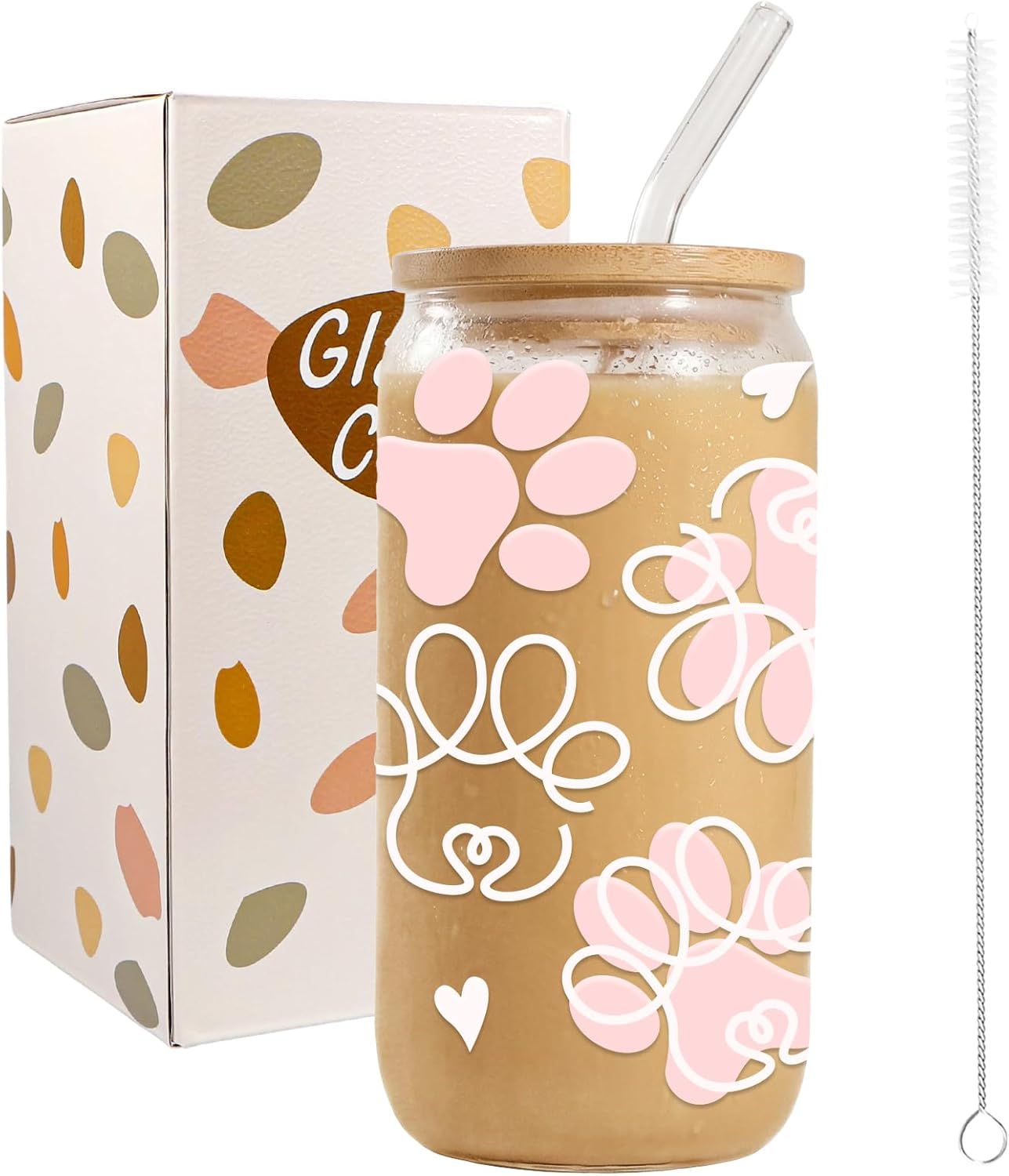 Taza Vidrio 16oz Pata Perro con Tapas y Pajita Rosada
