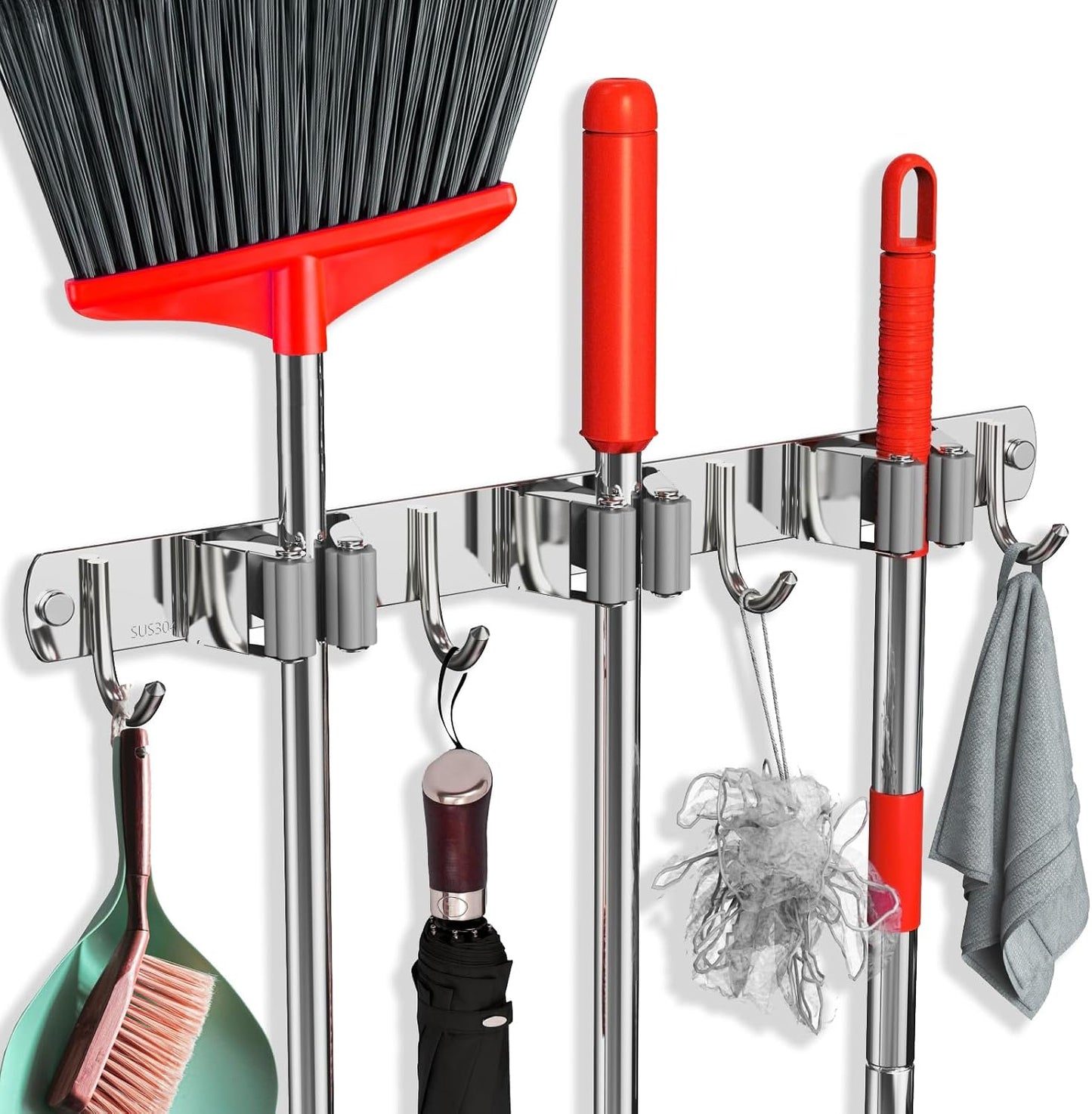 Soporte pared trapeador escoba acero inox para garaje cocina